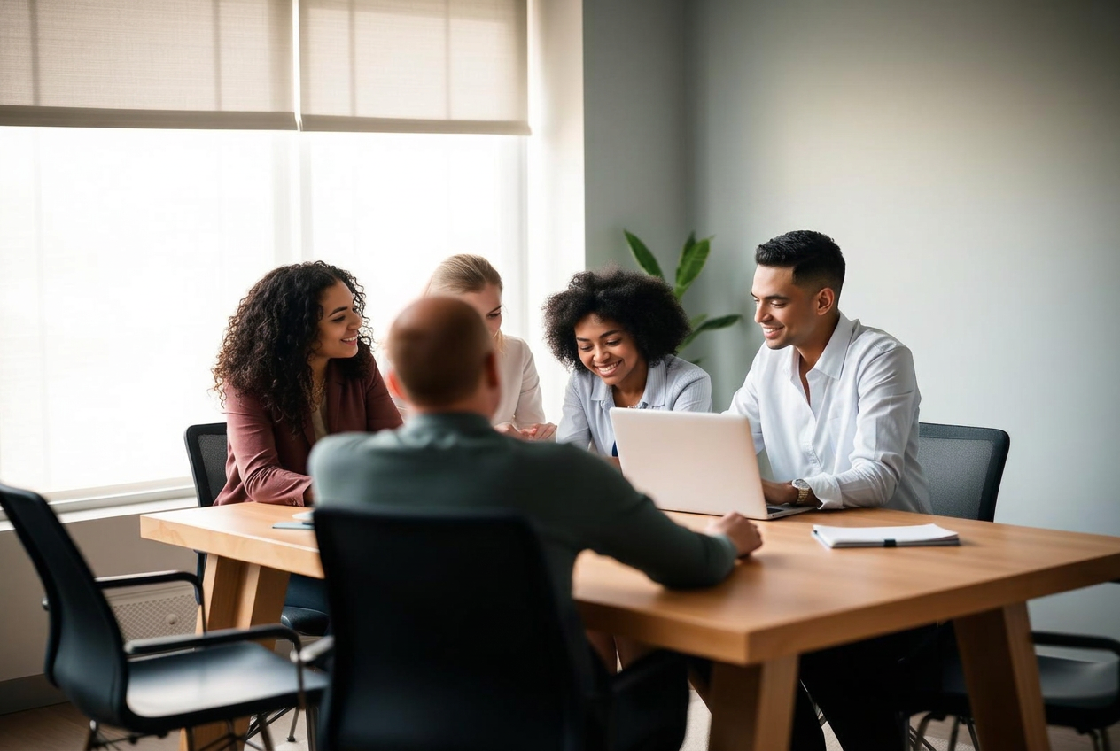 A small team collaborating around a table in a bright office